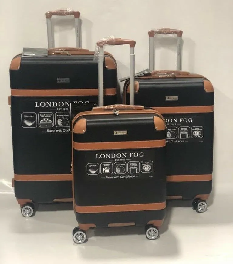 NEW LONDON FOG VINTAGE HARDSIDE SPINNER LIGHTWEIGHT 3 Piece LUGGAGE SET BLACK