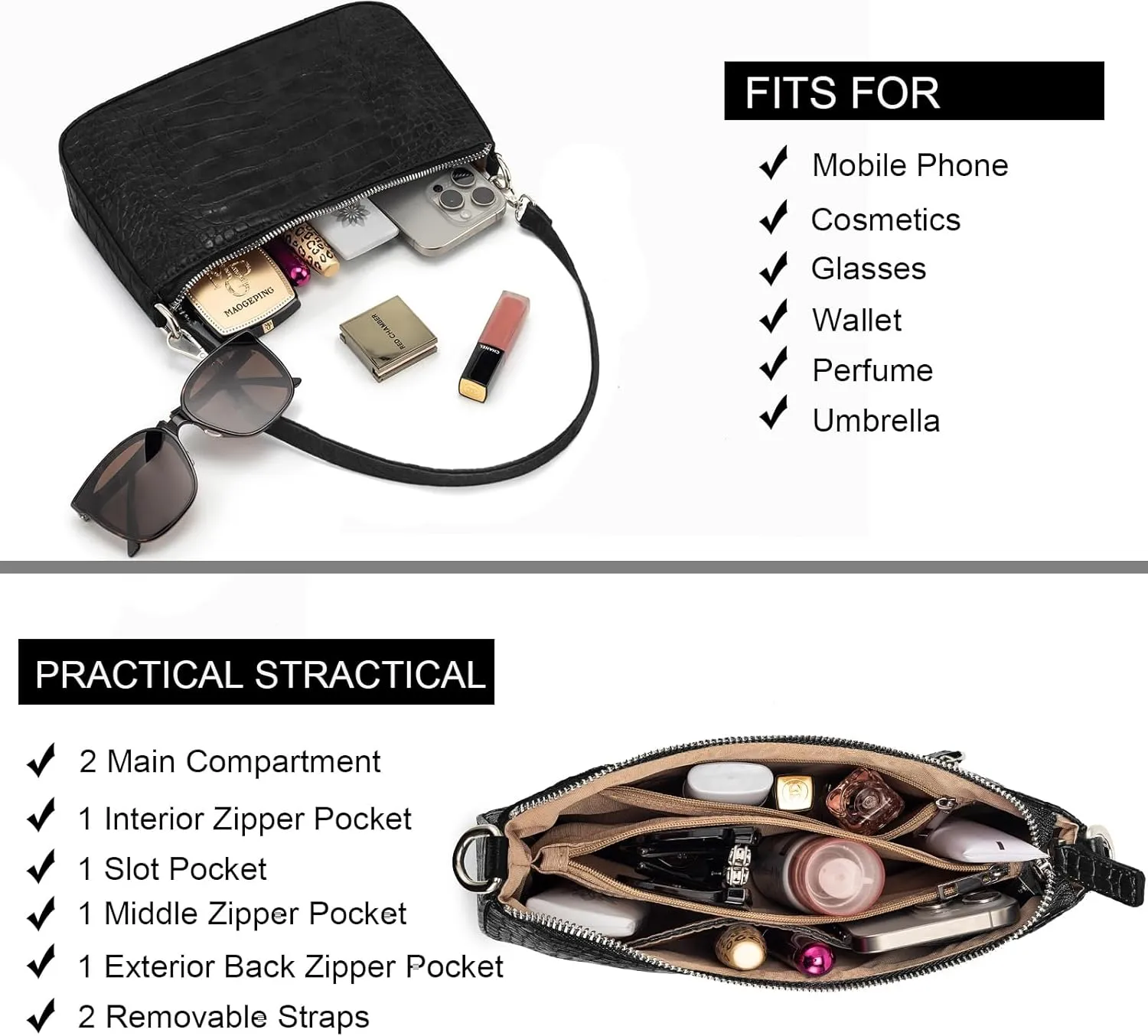NIUEIMEE ZHOU Small Shoulder bag with 2 Removable Straps Cross Body Clutch Purse Handbag for Women