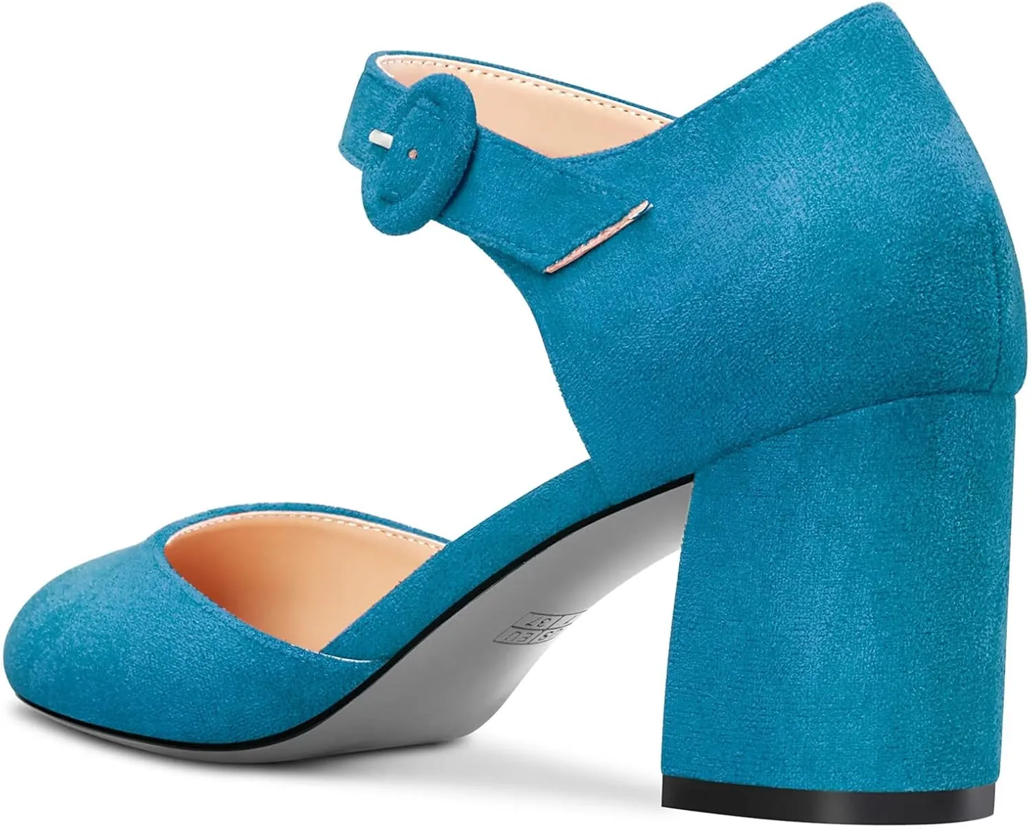 NobleOnly Women Chunky Block Mid Heel Two-Piece Buckle Round Toe Pumps Clear Cute Wedding Office Shoes 2.6 Inches Heels