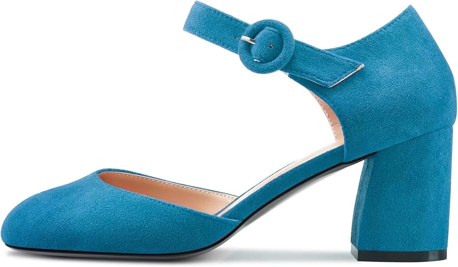 NobleOnly Women Chunky Block Mid Heel Two-Piece Buckle Round Toe Pumps Clear Cute Wedding Office Shoes 2.6 Inches Heels