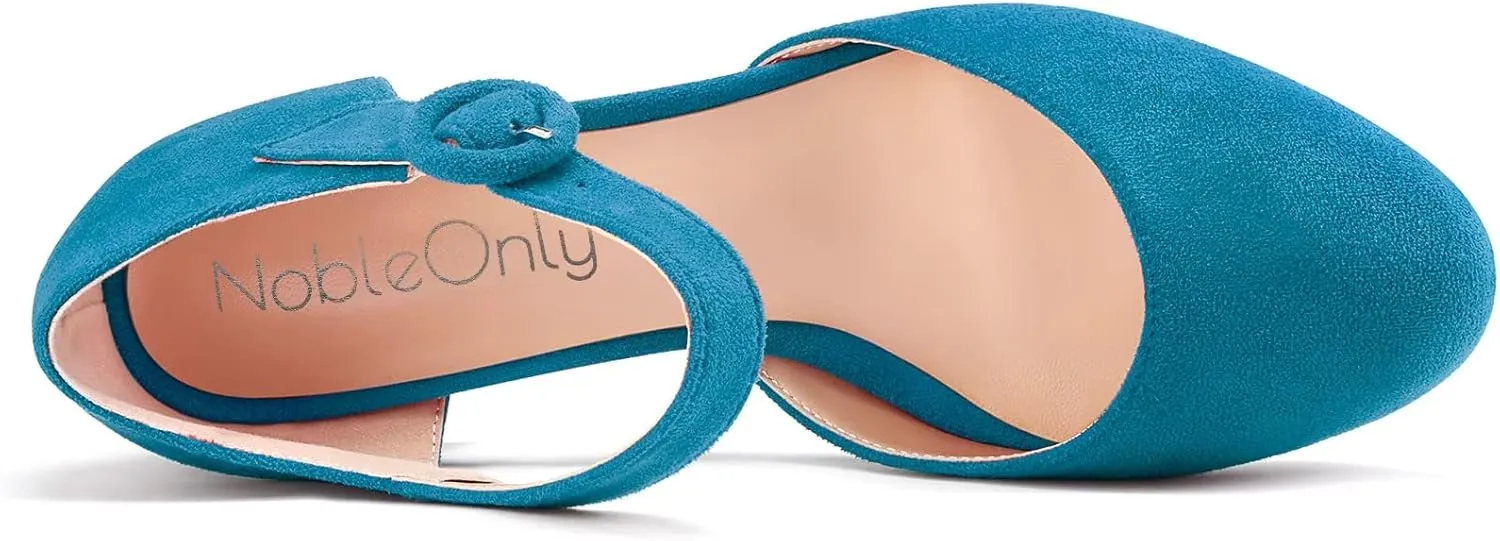 NobleOnly Women Chunky Block Mid Heel Two-Piece Buckle Round Toe Pumps Clear Cute Wedding Office Shoes 2.6 Inches Heels