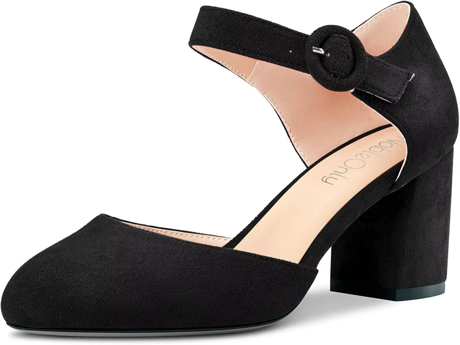 NobleOnly Women Chunky Block Mid Heel Two-Piece Buckle Round Toe Pumps Clear Cute Wedding Office Shoes 2.6 Inches Heels