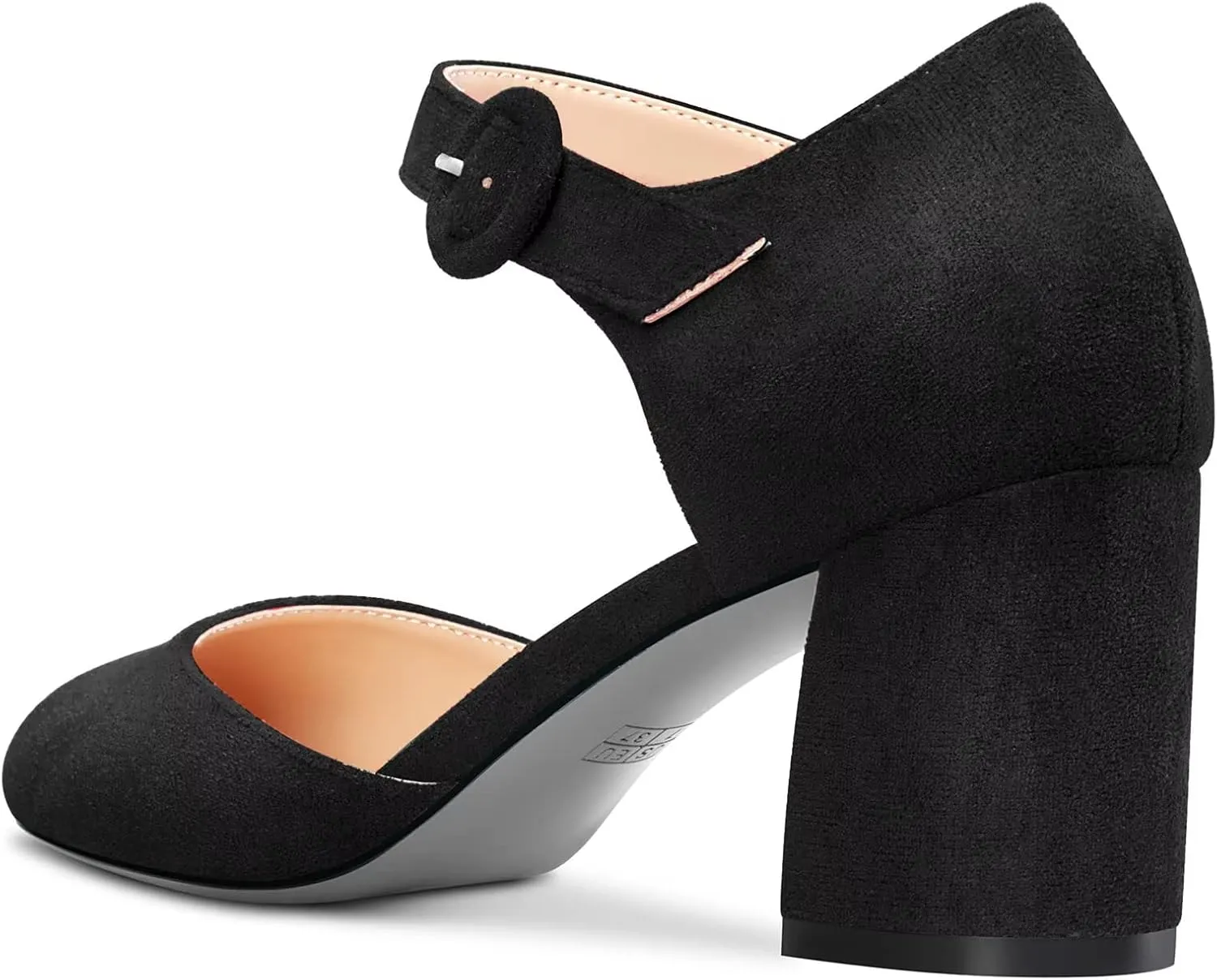 NobleOnly Women Chunky Block Mid Heel Two-Piece Buckle Round Toe Pumps Clear Cute Wedding Office Shoes 2.6 Inches Heels
