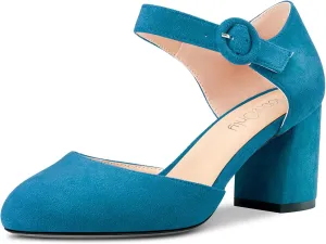 NobleOnly Women Chunky Block Mid Heel Two-Piece Buckle Round Toe Pumps Clear Cute Wedding Office Shoes 2.6 Inches Heels