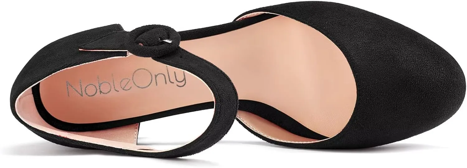 NobleOnly Women Chunky Block Mid Heel Two-Piece Buckle Round Toe Pumps Clear Cute Wedding Office Shoes 2.6 Inches Heels