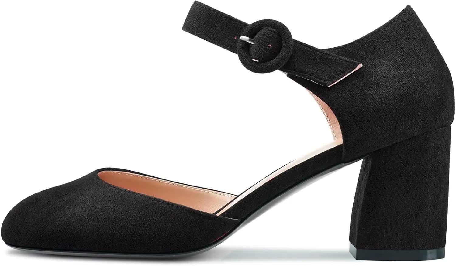 NobleOnly Women Chunky Block Mid Heel Two-Piece Buckle Round Toe Pumps Clear Cute Wedding Office Shoes 2.6 Inches Heels