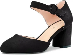 NobleOnly Women Chunky Block Mid Heel Two-Piece Buckle Round Toe Pumps Clear Cute Wedding Office Shoes 2.6 Inches Heels