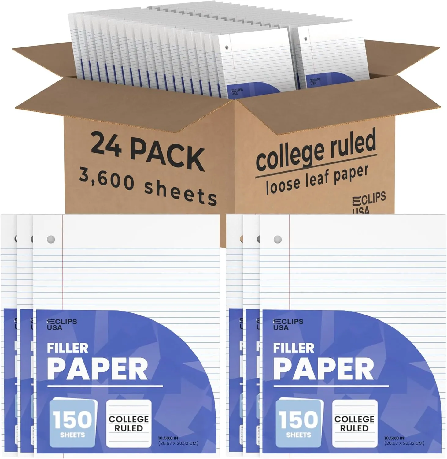 Notebook Paper, Loose Leaf Paper, College Ruled Paper, 10.5” x 8”, Filler Paper, 56 gsm, 150 Sheets Per Pack, 3600 Sheets (24 Pack)
