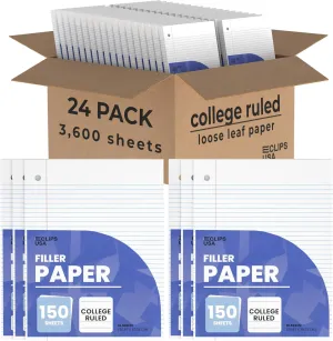 Notebook Paper, Loose Leaf Paper, College Ruled Paper, 10.5” x 8”, Filler Paper, 56 gsm, 150 Sheets Per Pack, 3600 Sheets (24 Pack)