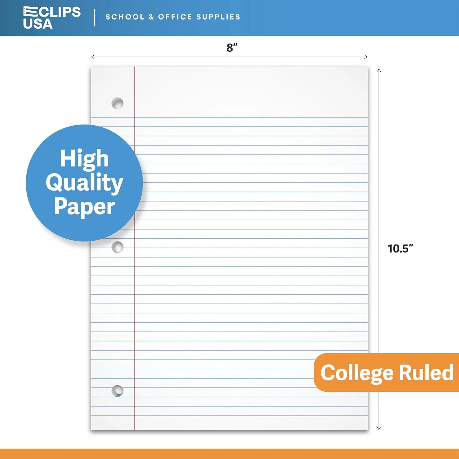 Notebook Paper, Loose Leaf Paper, College Ruled Paper, 10.5” x 8”, Filler Paper, 56 gsm, 150 Sheets Per Pack, 3600 Sheets (24 Pack)