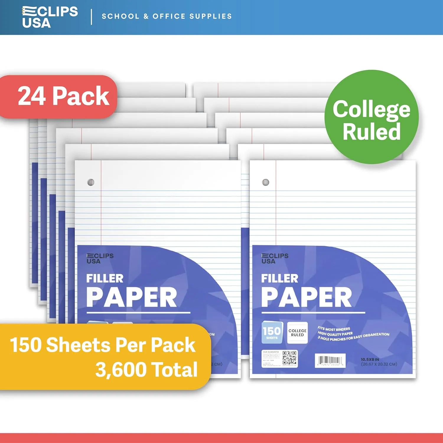 Notebook Paper, Loose Leaf Paper, College Ruled Paper, 10.5” x 8”, Filler Paper, 56 gsm, 150 Sheets Per Pack, 3600 Sheets (24 Pack)