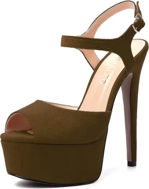 NUMALEO Womens Fashion Suede Evening Solid Peep Toe Buckle Ankle Wrap Stiletto High Heel Platforms Sandals 6 Inch