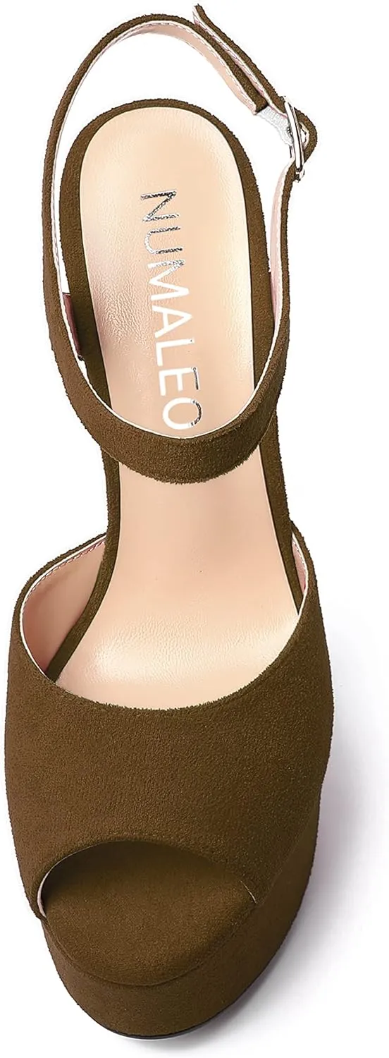 NUMALEO Womens Fashion Suede Evening Solid Peep Toe Buckle Ankle Wrap Stiletto High Heel Platforms Sandals 6 Inch