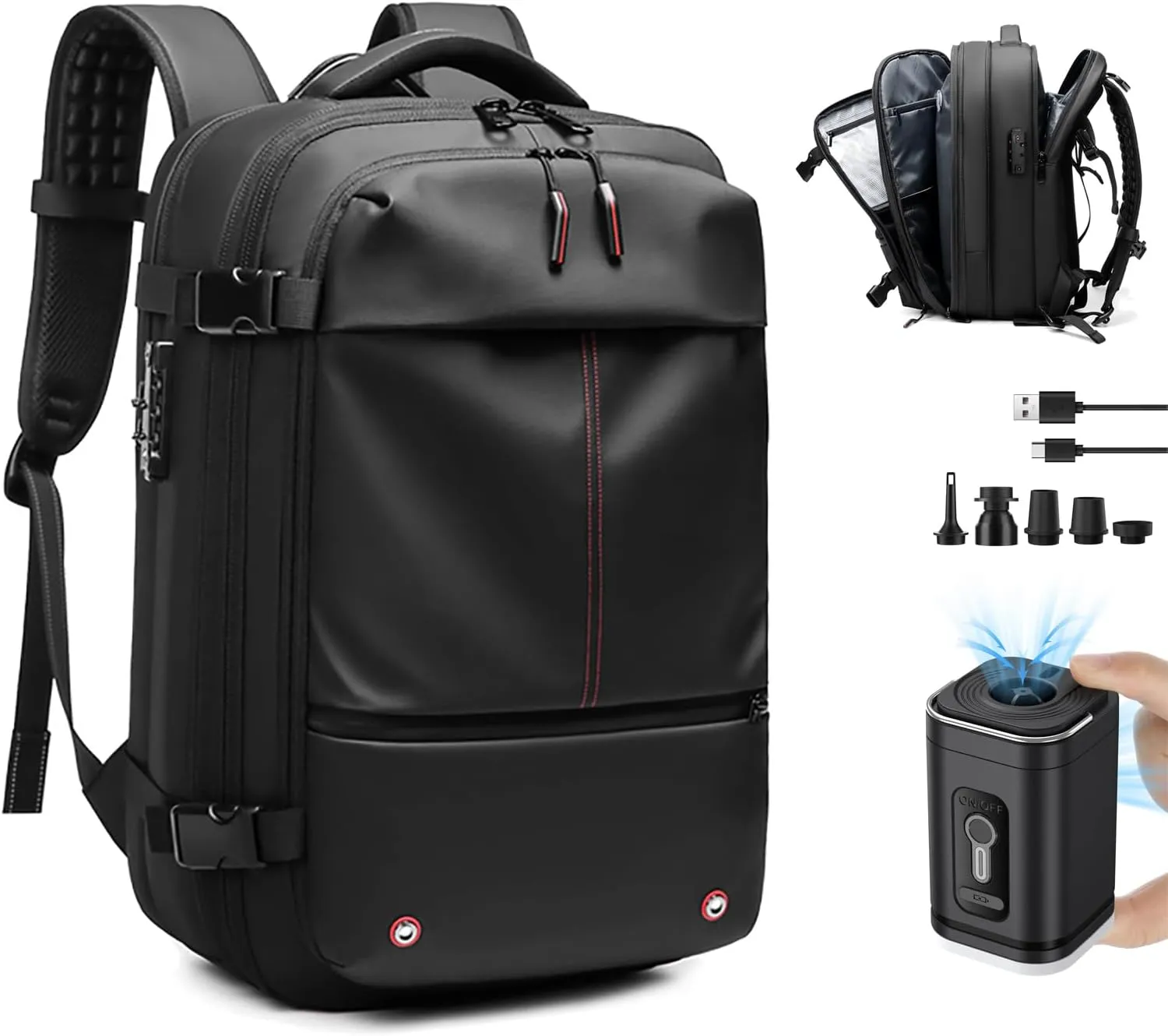 NUXMAW Vacpack Backpack, 60L Expandable Air Vacuum Backpack for Travel with Pump for Compression, Waterproof and Anti-Theft Laptop Backpack for Hiking, Business (Black, With Air Pump)