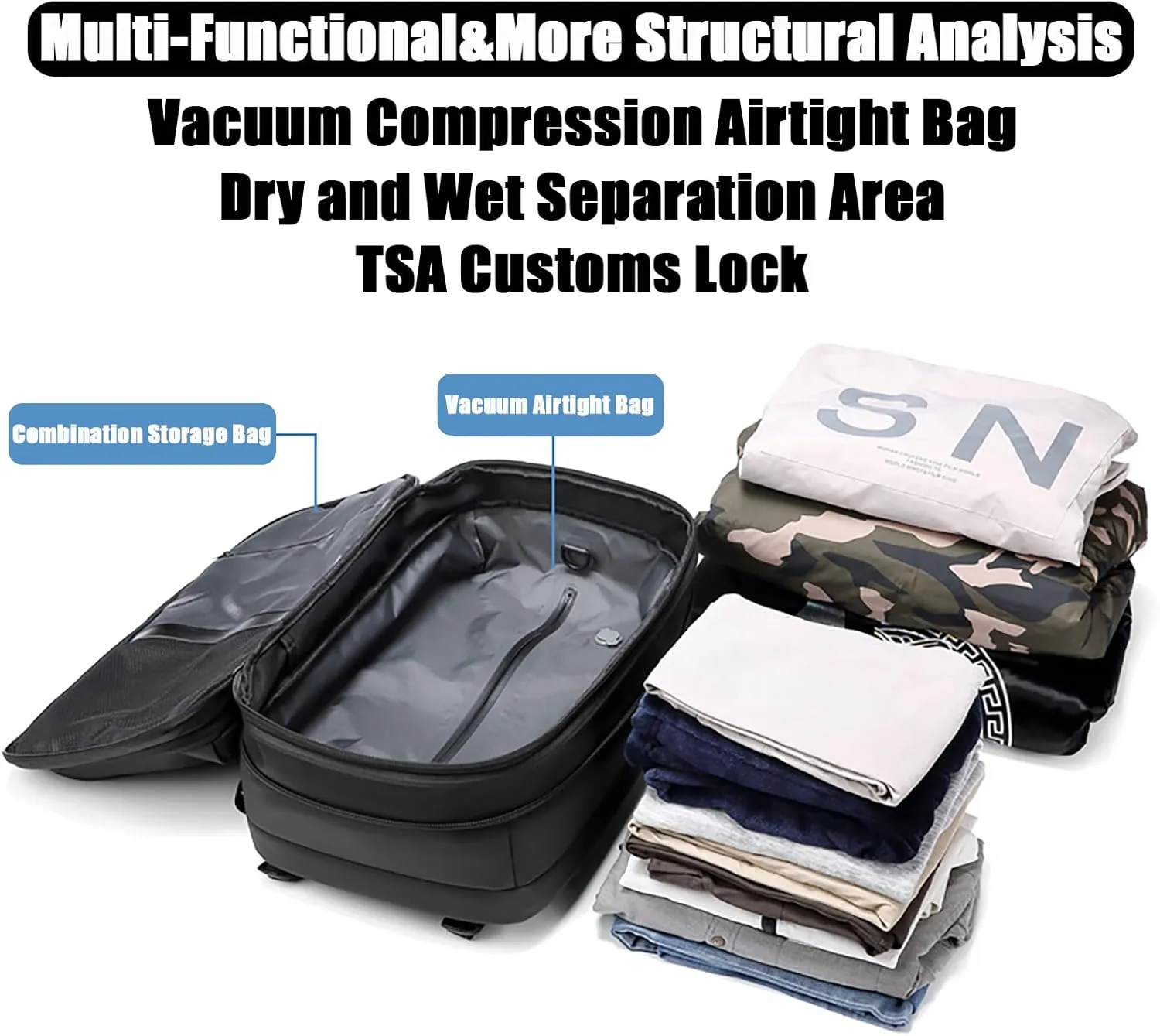 NUXMAW Vacpack Backpack, 60L Expandable Air Vacuum Backpack for Travel with Pump for Compression, Waterproof and Anti-Theft Laptop Backpack for Hiking, Business (Gray, No Air Pump)