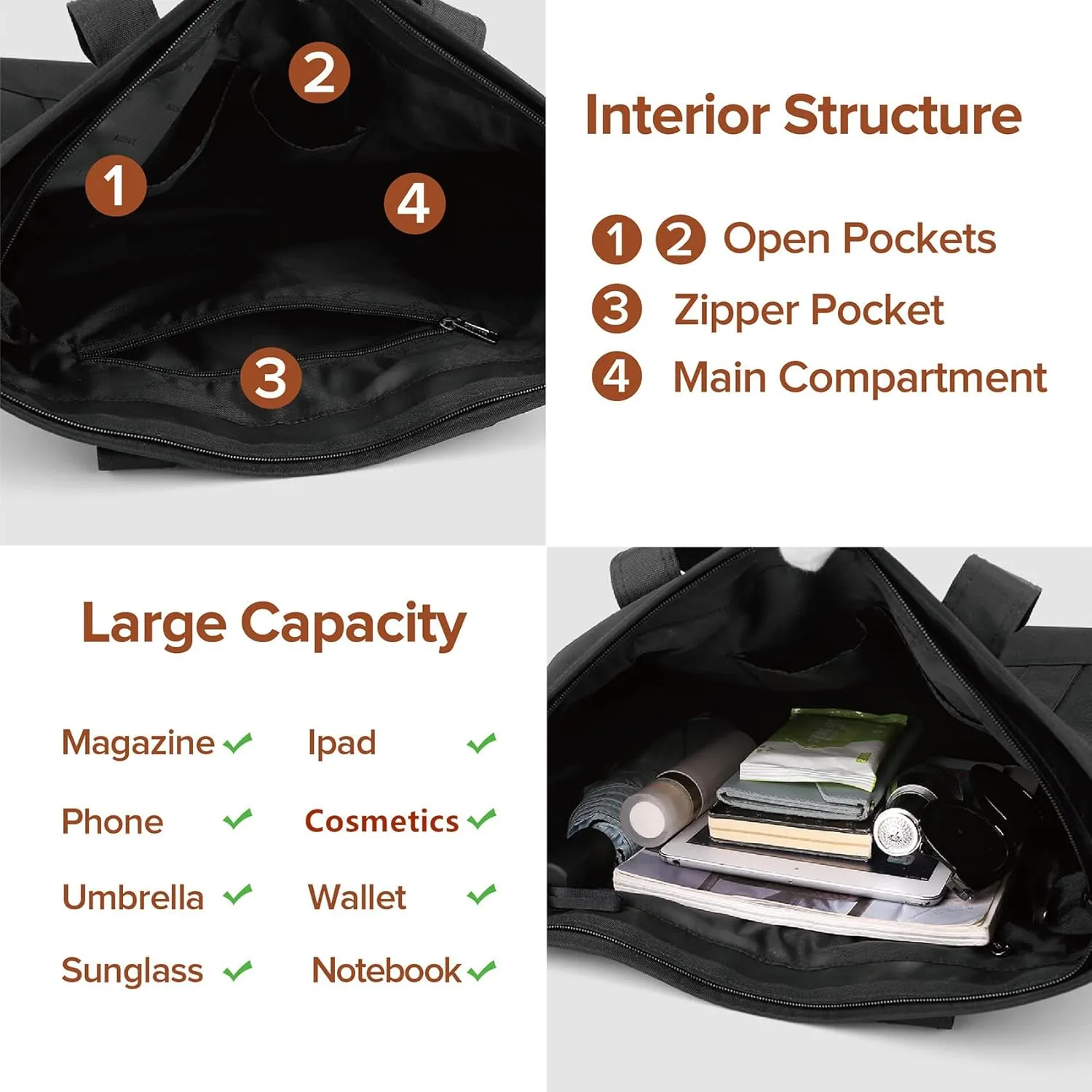 Nylon Tote Bag for Women Large Capacity Shoulder Bag Top Handle Handbag with Zipper for Work College Travel Daily