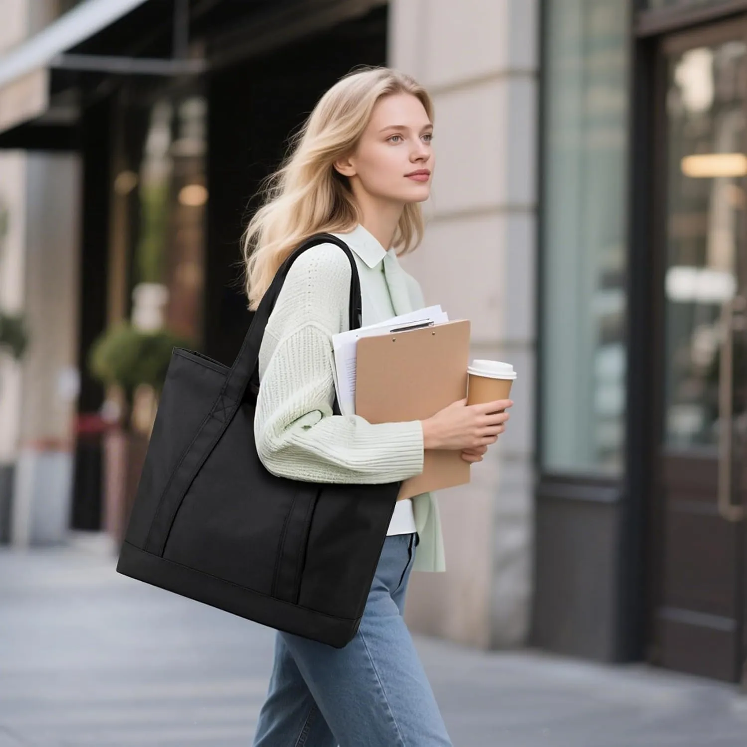 Nylon Tote Bag for Women Large Capacity Shoulder Bag Top Handle Handbag with Zipper for Work College Travel Daily