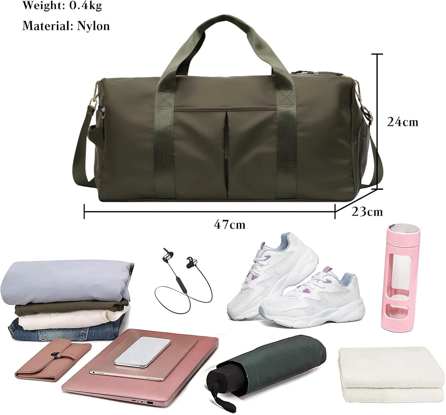 Nylon Travel Duffel Bag Sport Duffel Bag Weekend Shoulder Bag Women/Men Large Gym Tote Bag Overnight Bag Carry On Luggage Hospital Bag with Shoes Compartment and Wet Pocket Army Green
