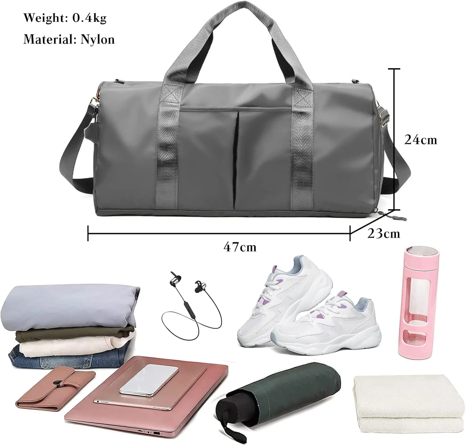 Nylon Travel Duffel Bag Sport Duffel Bag Weekend Shoulder Bag Women/Men Large Gym Tote Bag Ultra-Light Overnight Bag Carry On Luggage Hospital Bag with Shoes Compartment and Wet Pocket Grey