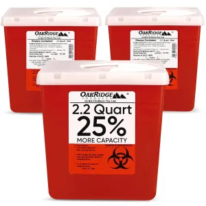 Oakridge Products Transparent Sharps Container for Home Use and Professional 2.2 Quart (3-Pack), Touchless Biohazard Needle and Syringe Disposal, Rotating Lid, CDC Certified