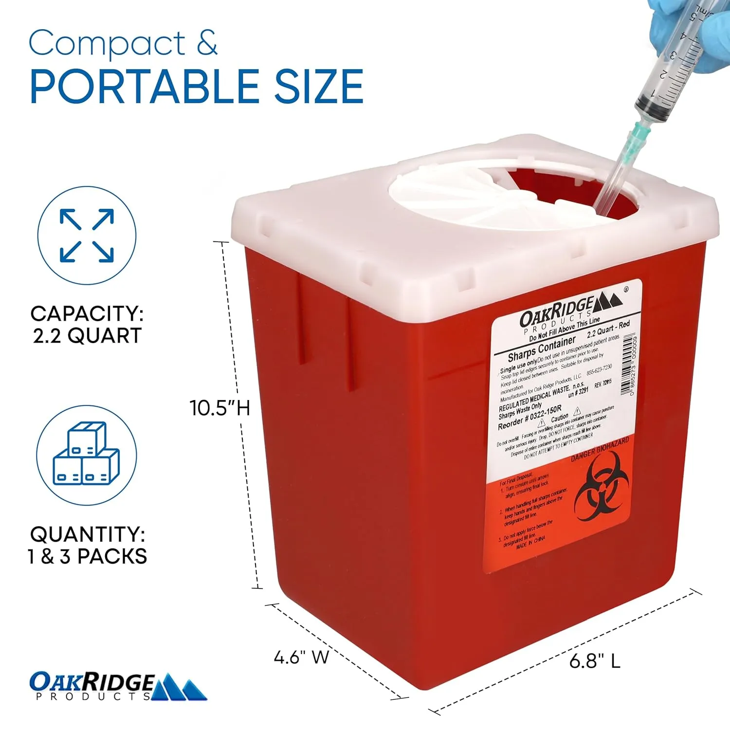 Oakridge Products Transparent Sharps Container for Home Use and Professional 2.2 Quart (3-Pack), Touchless Biohazard Needle and Syringe Disposal, Rotating Lid, CDC Certified
