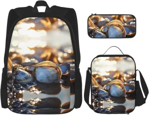 Ocean Beach Mussel Pearl Print Travel Backpack For Women 3-Piece Set With Insulated Lunch Box,For Outdoor Travel
