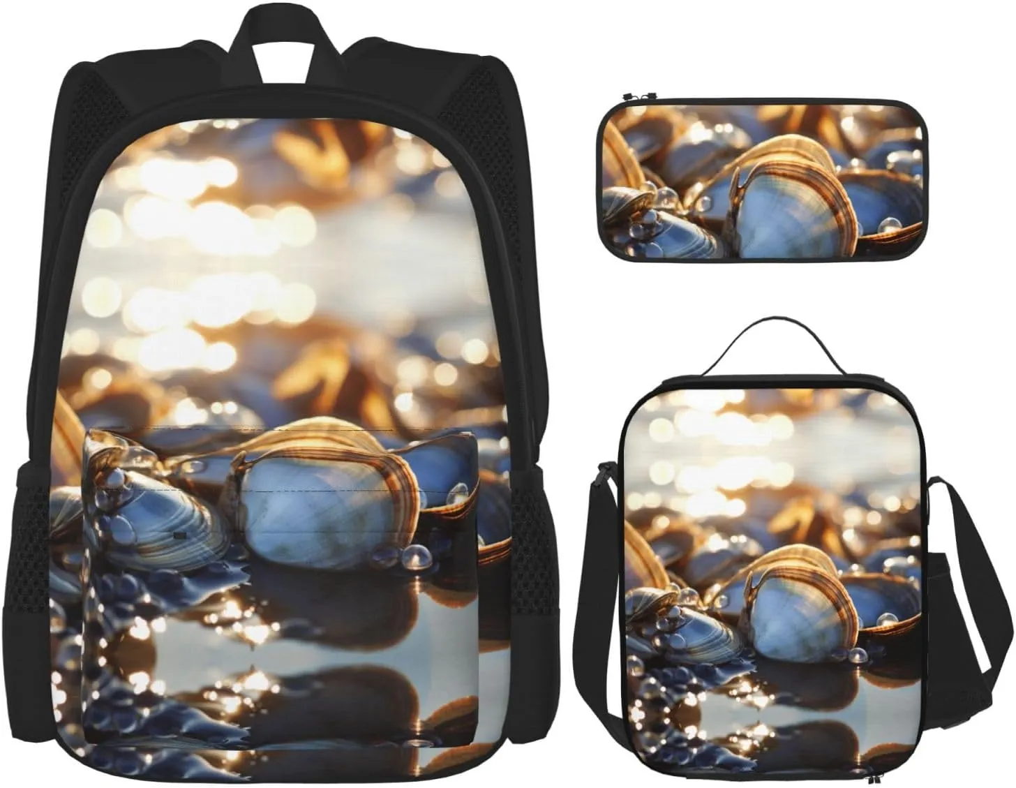 Ocean Beach Mussel Pearl Print Travel Backpack For Women 3-Piece Set With Insulated Lunch Box,For Outdoor Travel