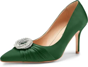 Oh Mispares Women's Satin Pumps Closed Pointed Toe Stiletto Heels Glitter Rhinestones 3.35 Inch Elegant Dress Shoes for Weddings Parties Proms