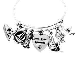 Ohio Lake Erie Islands Jewelry Water Sports Expandable Charm Bracelet Silver Adjustable Bangle One Size Fits All Gift Jet Ski Wind Surfing Canoe Light House Personalization Custom Options Available