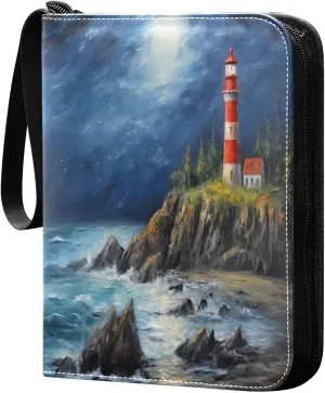 Oil Painting Lighthouse Card Binder with 50 Removable Page Sleeves PU Leather Collectible Trading Card Albums Book with Zipper for Games Card,Baseball Cards
