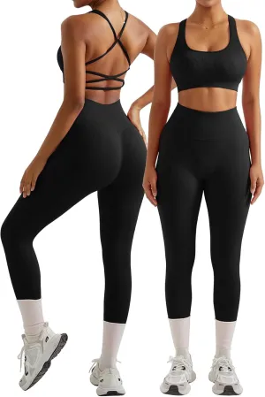 OMKAGI Women Ribbed Workout Sets Seamless Strappy Sport Bra Butt Lifting Leggings Outfits