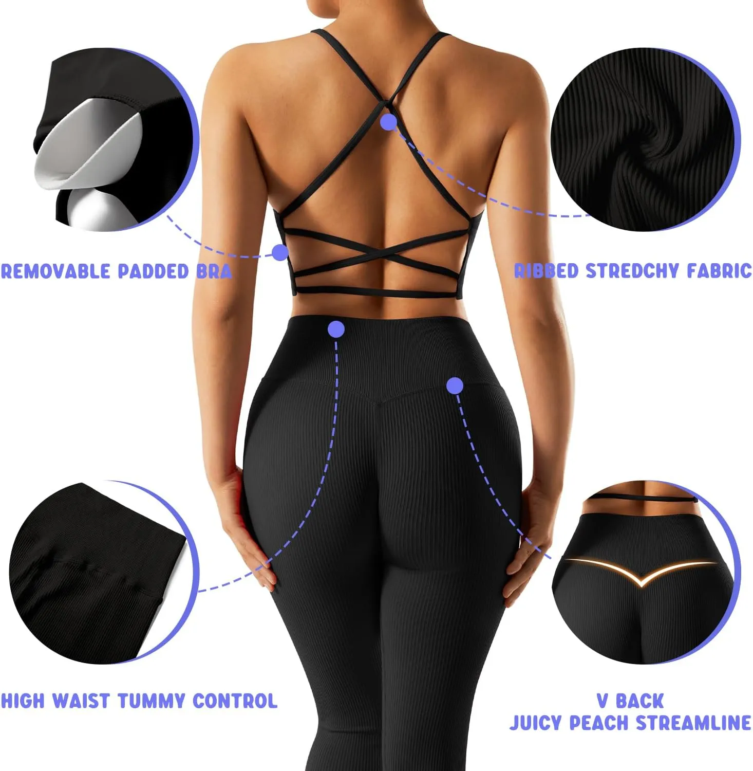 OMKAGI Women Ribbed Workout Sets Seamless Strappy Sport Bra Butt Lifting Leggings Outfits