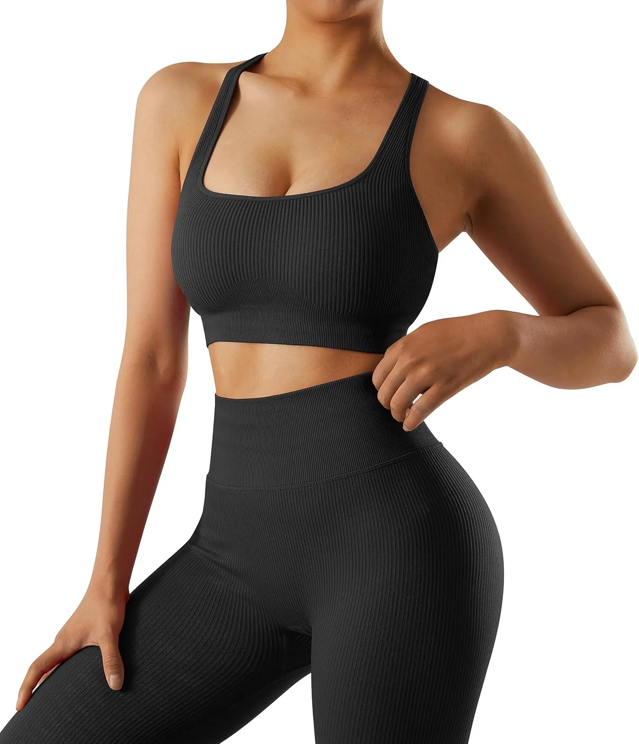 OMKAGI Women Ribbed Workout Sets Seamless Strappy Sport Bra Butt Lifting Leggings Outfits
