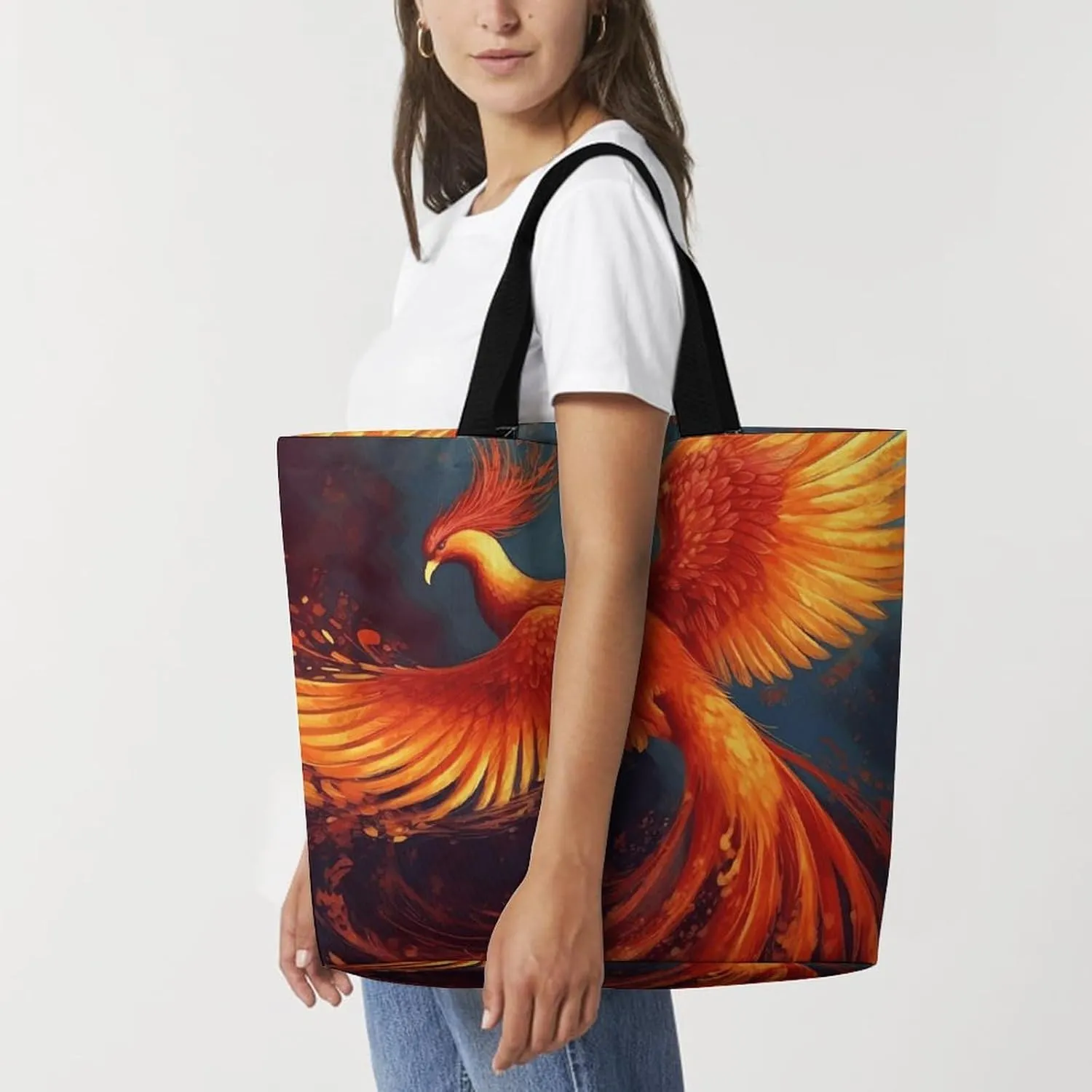 Orange Red Phoenix Tote Bag for Women Reusable Grocery Shoulder Bags Shopping Bag for Travel, Groceries