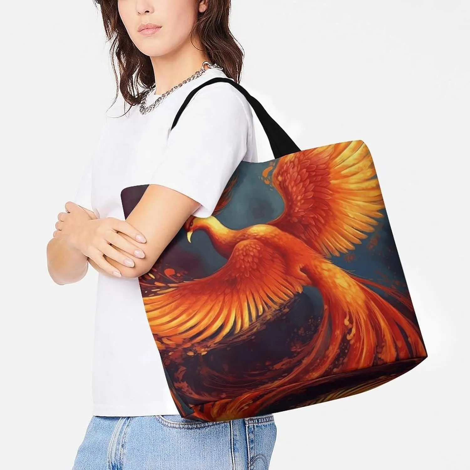 Orange Red Phoenix Tote Bag for Women Reusable Grocery Shoulder Bags Shopping Bag for Travel, Groceries