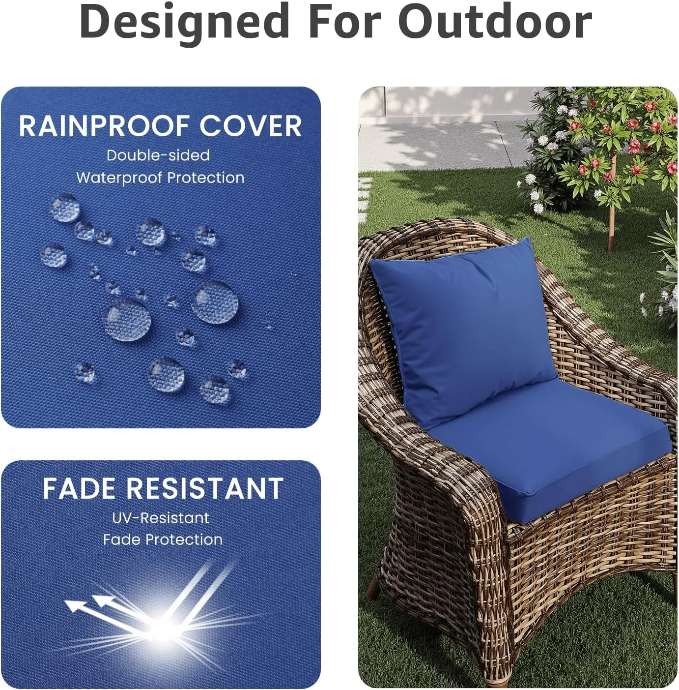 Outdoor Chair Cushions 19 x 19 x 3 Inch, Waterproof & Fade Resistant Patio Seat Cushion for Furniture with Handle and Ties, Thick Seating Pads for Outside Sofa Couch Set of 2, Blue