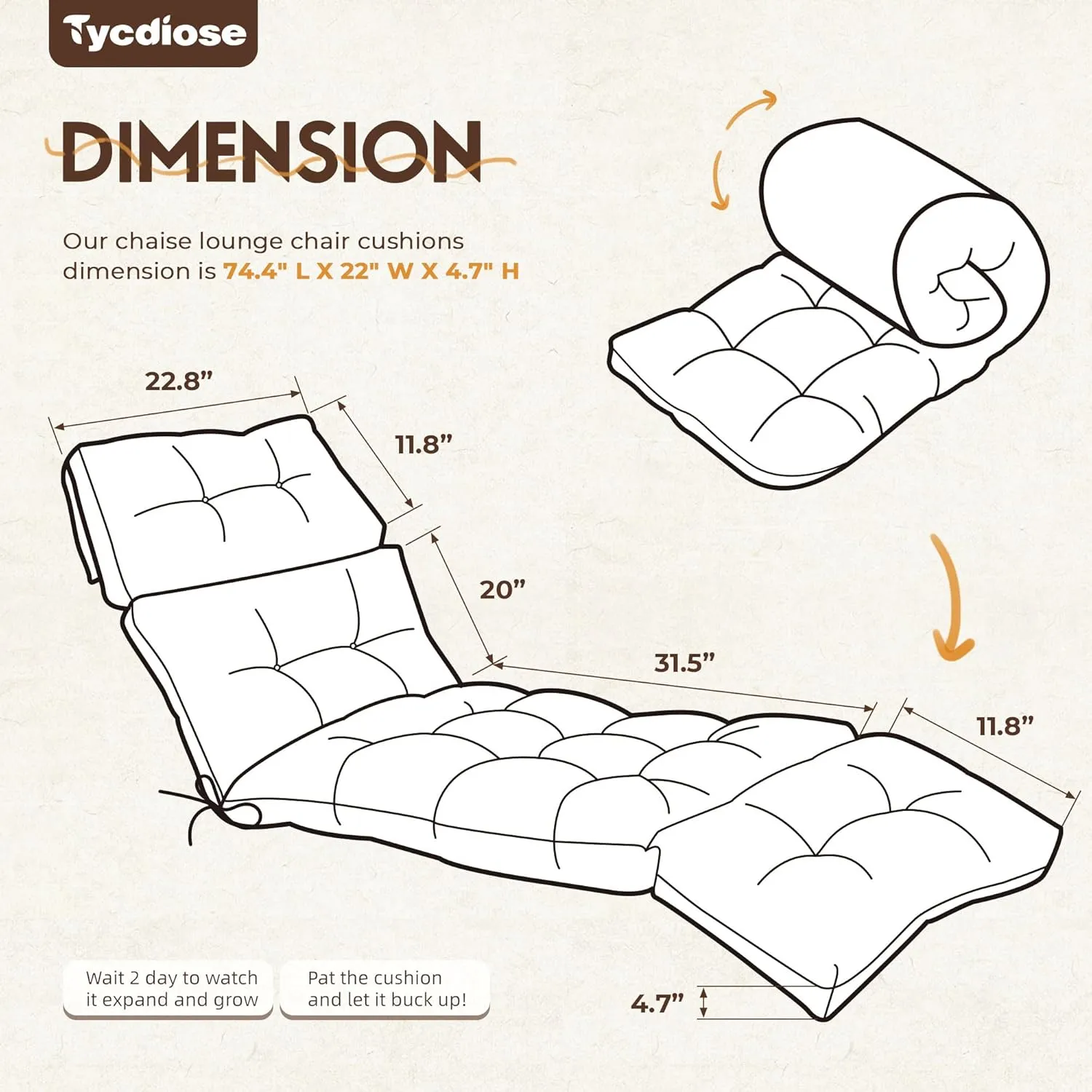 Outdoor Chaise Lounge Chair Cushion Replacement 74.4 x 22 x 4.7 Inches Memory Foam Waterproof Lounge Chair Cushions for Outdoor Furniture with Ties, Thickened Lounge Chair Cushions, Black