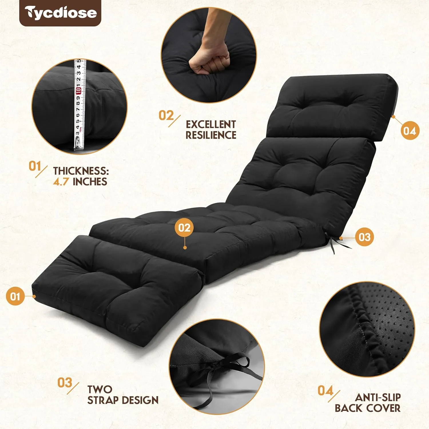 Outdoor Chaise Lounge Chair Cushion Replacement 74.4 x 22 x 4.7 Inches Memory Foam Waterproof Lounge Chair Cushions for Outdoor Furniture with Ties, Thickened Lounge Chair Cushions, Black