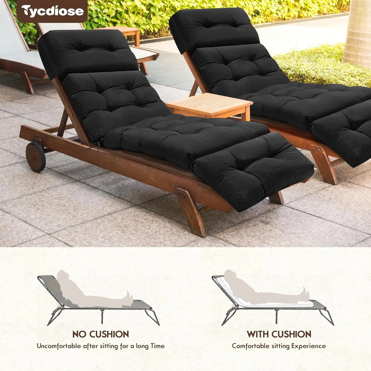 Outdoor Chaise Lounge Chair Cushion Replacement 74.4 x 22 x 4.7 Inches Memory Foam Waterproof Lounge Chair Cushions for Outdoor Furniture with Ties, Thickened Lounge Chair Cushions, Black