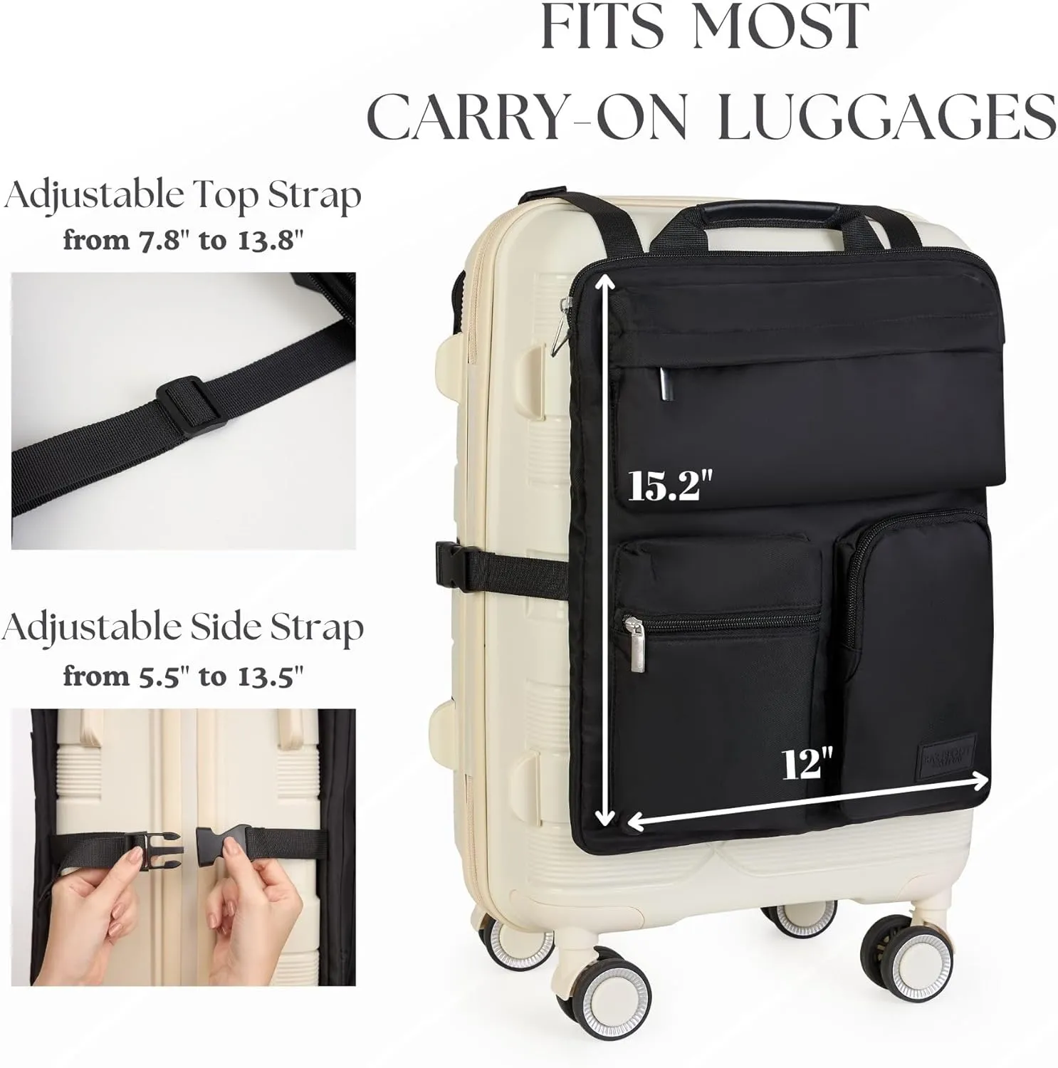 Over Luggage Organizer for Carry On Bag or Suitcase with Storage Pockets, 16” Laptop Sleeve with Handle, Travel Accessories Bag, Slide On Luggage Harness with Adjustable Straps (Black)