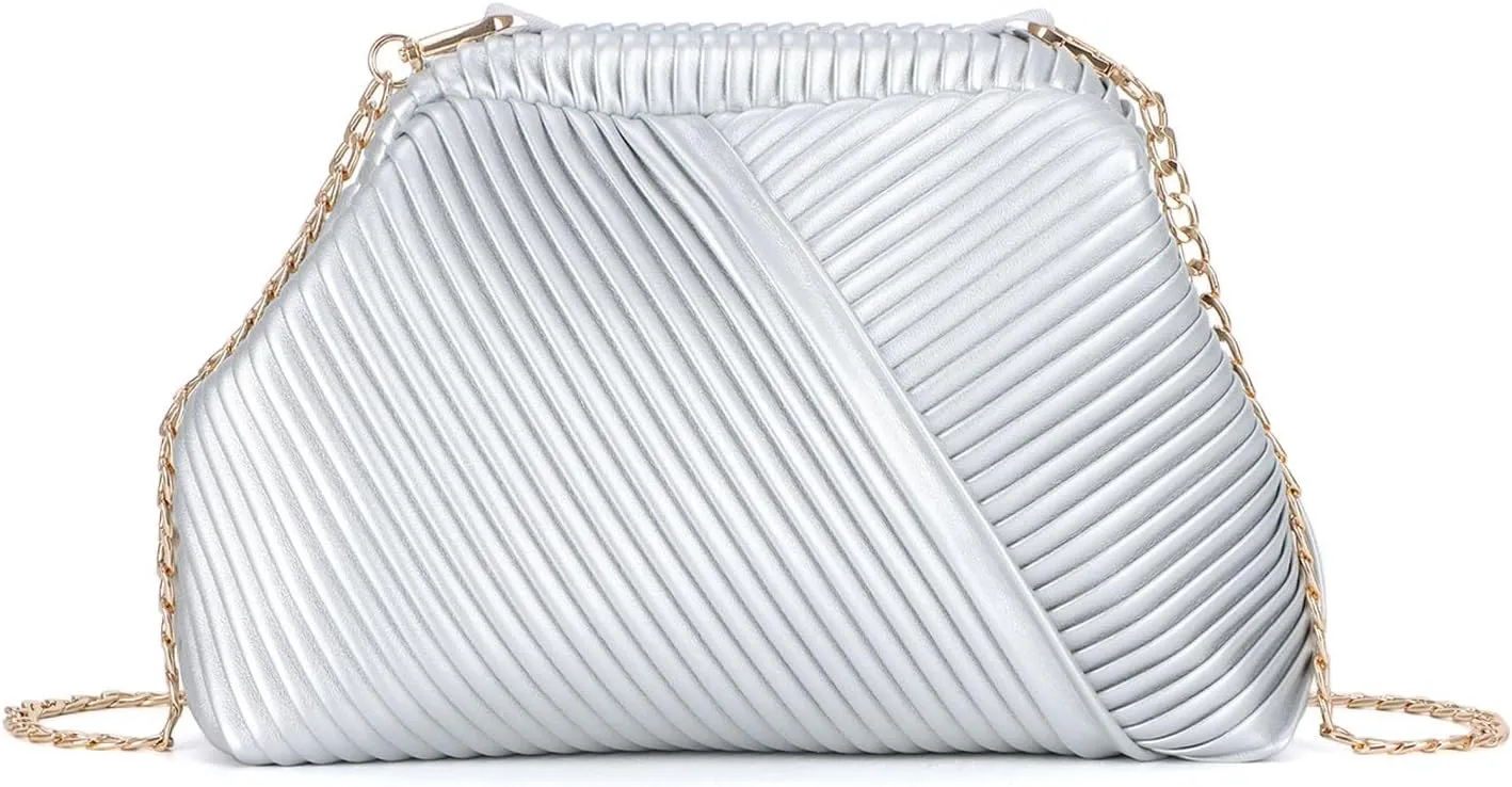 Oweisong Striped Clutch Purse for Women Ruched Leather Evening Bag Small Handbag Purse Cloud Dumpling Bag with Chain