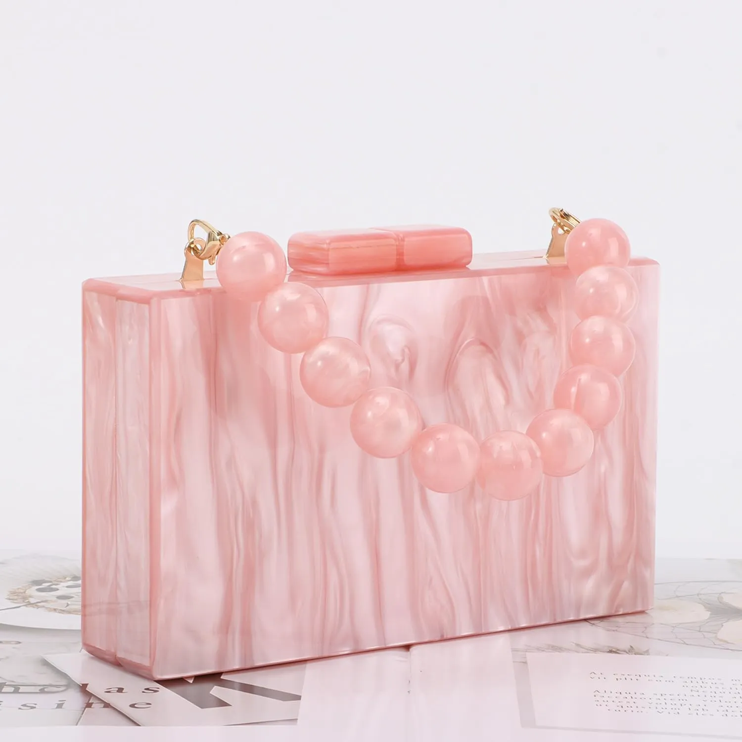 Oweisong Women Acrylic Clutch Purse Formal Wedding Evening Handbag Marble Party Shoulder Crossbody Bag with Bead Chain