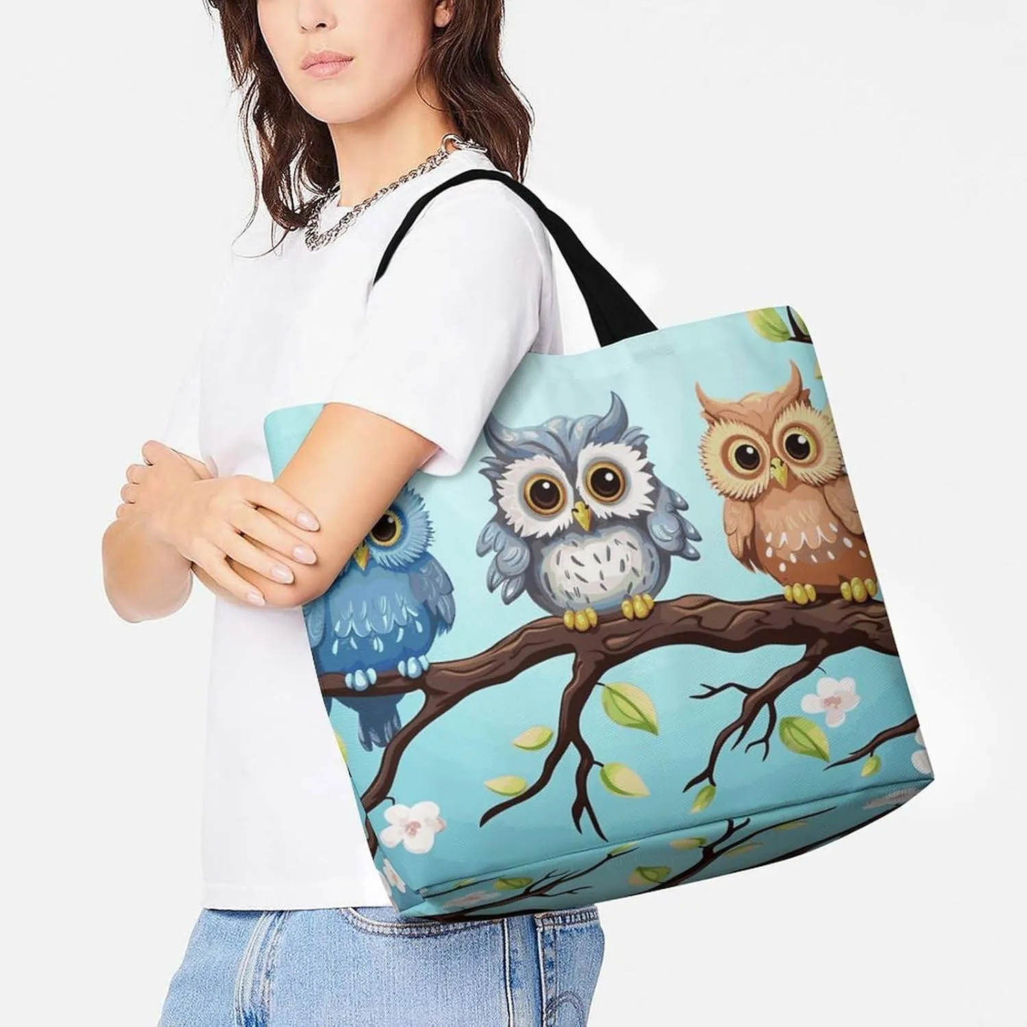 Owls on A Branch Tote Bag for Women Reusable Grocery Shoulder Bags Shopping Bag for Travel, Groceries