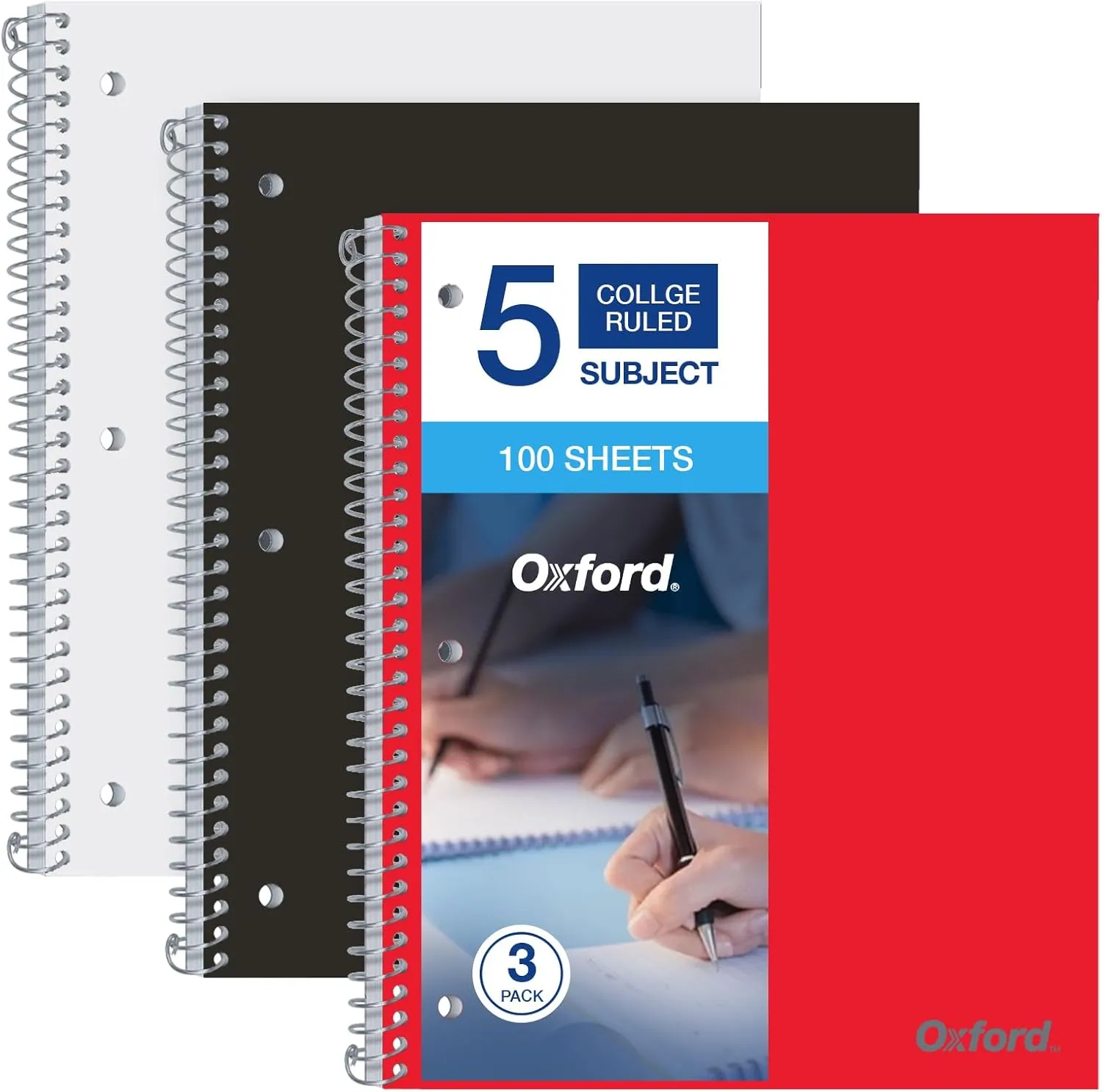 Oxford 5 Subject Notebook College Ruled - 3 Pack of Black, White & Red Covered Spiral Notebooks 8.5 X 11 (200 Sheets)