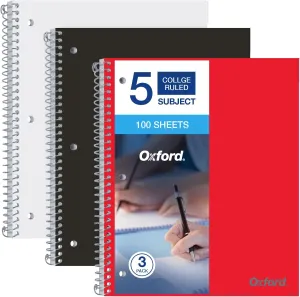 Oxford 5 Subject Notebook College Ruled - 3 Pack of Black, White & Red Covered Spiral Notebooks 8.5 X 11 (200 Sheets)