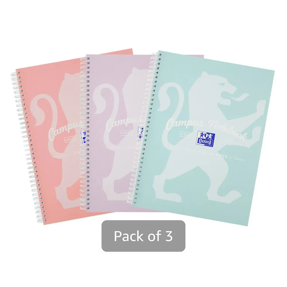 Oxford Campus Assorted Pastel A5  Wirebound Notebooks, Pack of 3