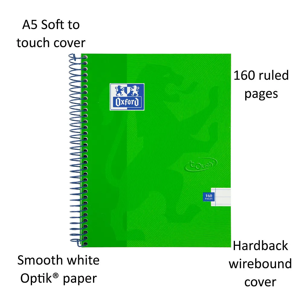 Oxford Touch Bright Green A5 Wirebound Hardback Notebook, Ruled with 160 Pages
