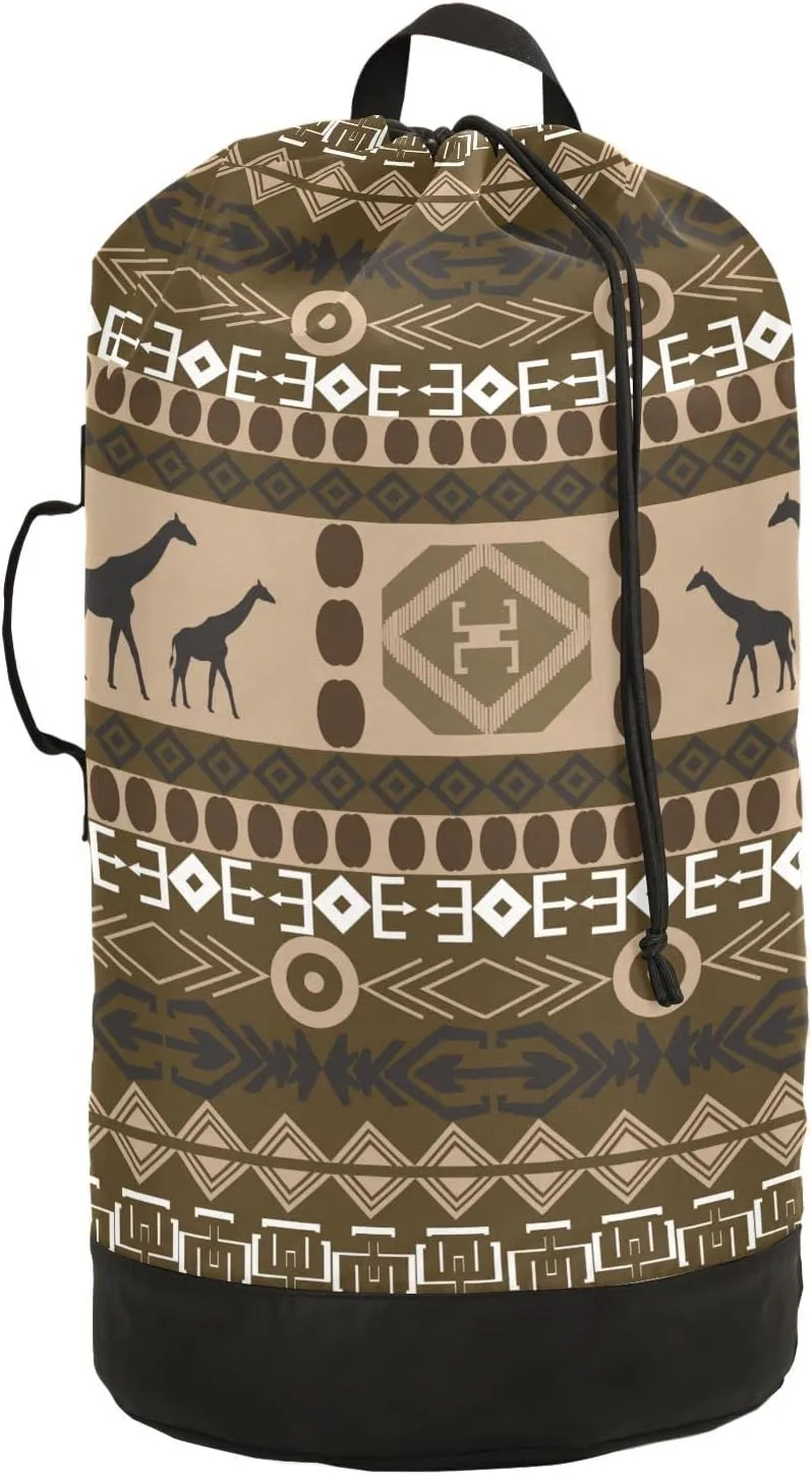 Oyihfvs Brown Ethnic Tribal Elements with Giraffes Texture Backpack Laundry Bag, Laundry Backpack with Shoulder Straps, Waterproof Nylon Clothes Hamper Bag for Men Women Yoga Backpack