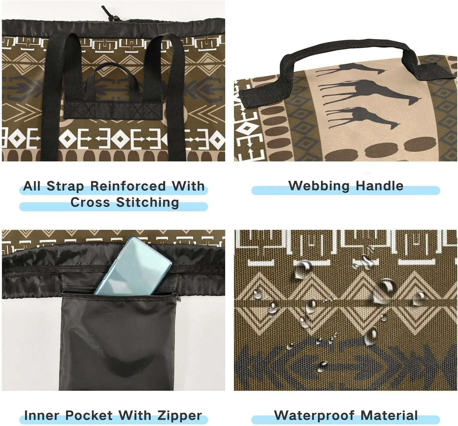 Oyihfvs Brown Ethnic Tribal Elements with Giraffes Texture Backpack Laundry Bag, Laundry Backpack with Shoulder Straps, Waterproof Nylon Clothes Hamper Bag for Men Women Yoga Backpack
