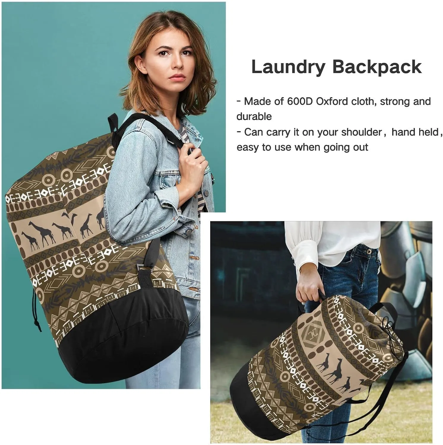 Oyihfvs Brown Ethnic Tribal Elements with Giraffes Texture Backpack Laundry Bag, Laundry Backpack with Shoulder Straps, Waterproof Nylon Clothes Hamper Bag for Men Women Yoga Backpack